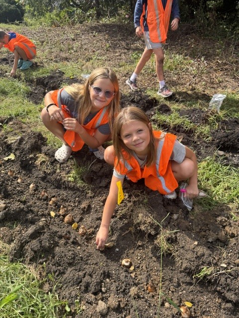Children in orange vests planting flower bulbs in a trench